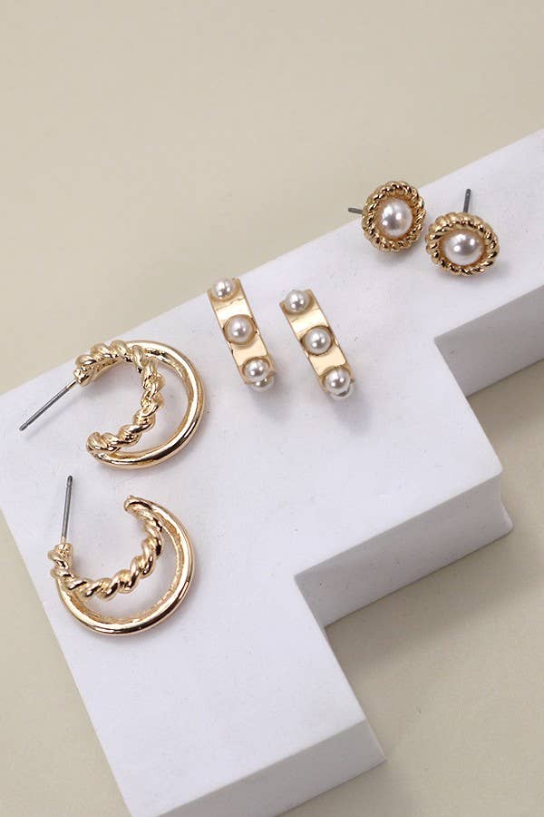 GOLD PEARL HOOP STUD TRIO EARRINGS-JOSSLYN by wall to wall-R3vel Threads, Women's Fashion Boutique, Located in Hudsonville, Michigan